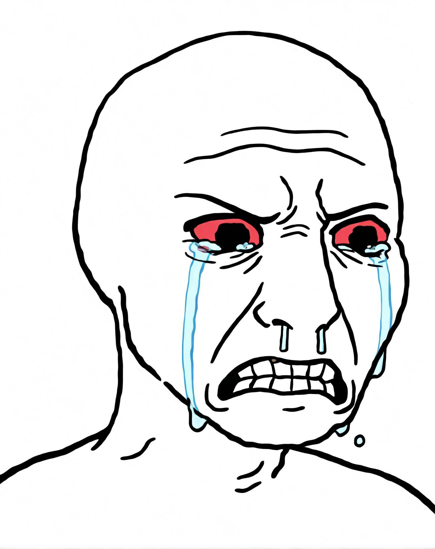 toon \(style\), 2d,
<lora:Wojak_style:1.1>Wojak style,
solo,crying,1boy,
clenched teeth,
tears,male focus,
bald,simple background,
white background,Runny nose,
wojak style,wojak,bald,Red sclera,
sad expression,black eyes,
crying wojak, angry, 
white skin,ugly man,