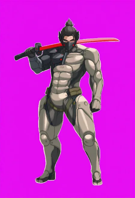 masterpiece, best quality, solo, 1boy, looking at viewer, <lora:Dengeki_Bunko-illus_Fp:1>, full body, pixel art, simple background, <lora:JetstreamSam_illusXL_Incrs_v1:0.9>, JetstreamSam, brown eyes, cyborg, bodysuit, headgear, mask, covered mouth, holding sword, red sword, muscular, male focus,