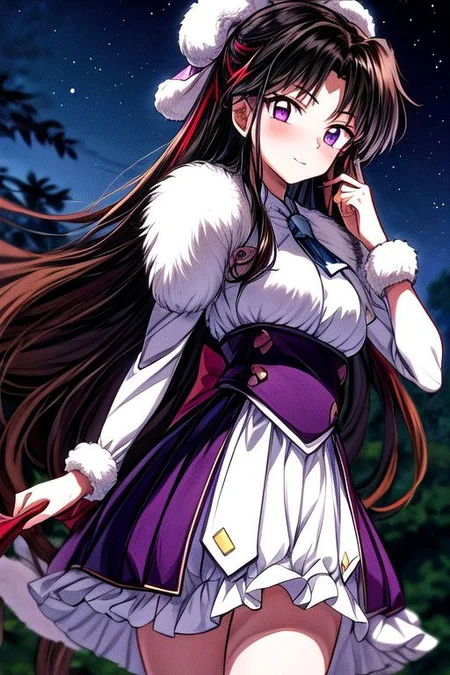 masterpiece, best quality 1girl Setsun4 solo long hair, (night time) forest background black hair very long hair purple eyes multicolored hair armor (fur trim) (medium body),<lora:EMS-179-EMS:0.800000>,<lora:EMS-293862-EMS:0.800000> bow, hair_bow, hair_tubes, red_bow, brown_hair, long_hair, bangs, ascot, frilled_bow, yellow_ascot, blush, smile, hair_between_eyes, athletic
