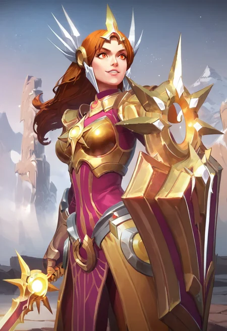 masterpiece, best quality, highly detailed, score_9, score_8_up, Leona, 1girl, sunny, brown hair, orange eyes, long hair, day, weapon, armor, breasts, parted lips, orange armor, crown, hair accessories, smile, sword, shield, portrait, close view, perfect
