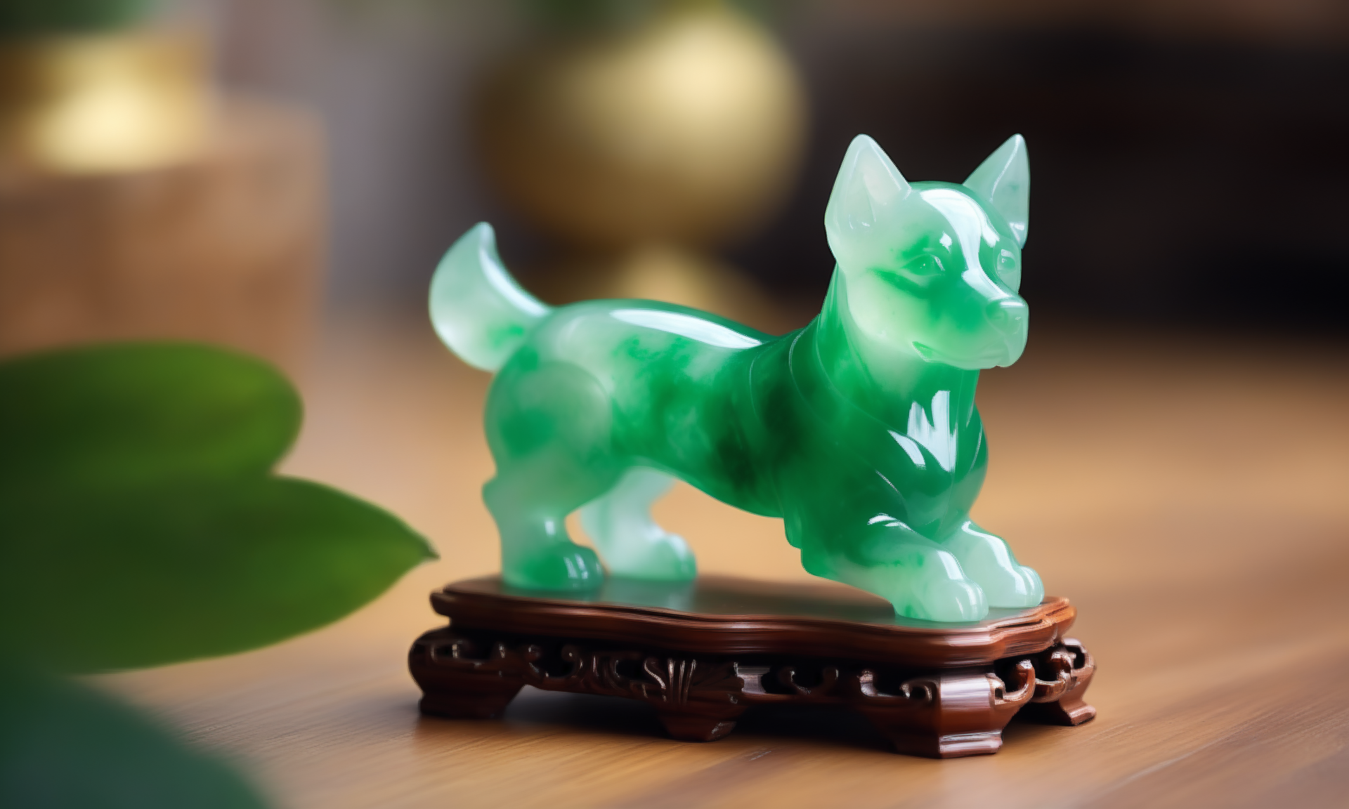 ethereal fantasy concept art of  <lora:jadeitecarvingcd_xl-000006:0.6>,a statue of a dog made of (green jadeite, transparent) on floor,tilt-shift,miniature,jadeitecarvingcd_xl with green theme,no humans,long-focus,indoors,chinese zodiac,wooden table,cutie,cute,still life,animal statue,front view,facing viewer,looking at viewer . magnificent, celestial, ethereal, painterly, epic, majestic, magical, fantasy art, cover art, dreamy