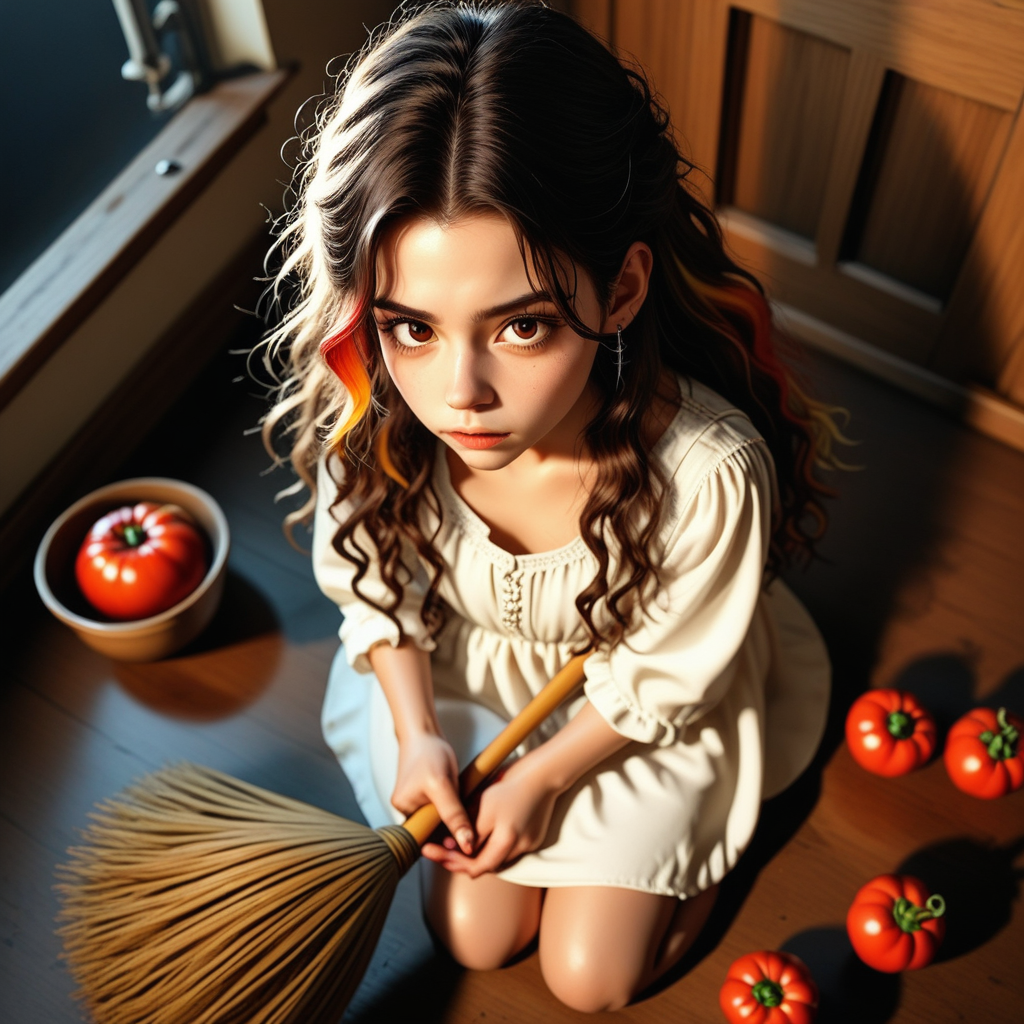 dress, kneeling, sunset, multicolored hair, hand between legs, wavy hair, fingernails, baby, stud earrings, nose, from above, reflection, comb, upper body, horror (theme), brown eyes, tomato, mug, holding broom, white dress, messy hair