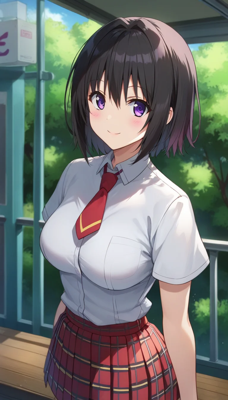score_9,score_8_up,score_7_up,score_6_up BREAK official art,solo,outdoors,upper body,(portrait:1.5),looking at viewer,facing viewer,smile,blush,Kirisaki Kyoko,short hair,black hair,hair intakes,hair between eyes,bangs,purple eyes,school uniform,white shirt,collared shirt,red necktie,short sleeves,red skirt,pleated skirt,plaid skirt,black socks,loafers,<lora:Kirisaki Kyoko(tlr)-Pony:1.6>,