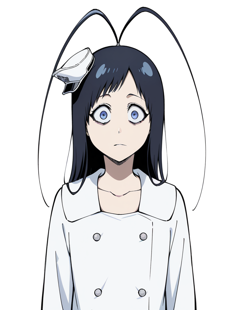 score_9, score_8_up, score_7_up,  
1boy, androgynous, giselle gewelle, blue eyes, black hair, long hiar, antenna hair,

mini hat,
military uniform, white dress, long sleeves, collarbone, short dress, double breasted, 

upper body, white background, wide-eyed, expressionless, bags under eyes, looking at viewer, 

