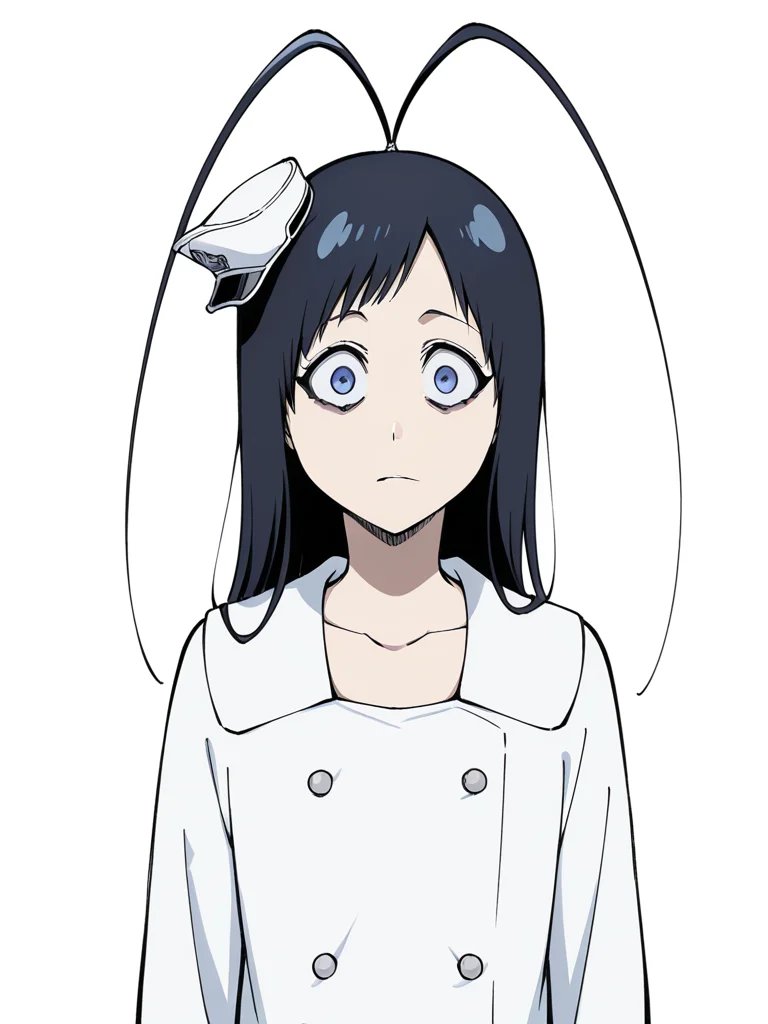 score_9, score_8_up, score_7_up,
1boy, androgynous, giselle gewelle, blue eyes, black hair, long hiar, antenna hair,
mini hat,
military uniform, white dress, long sleeves, collarbone, short dress, double breasted,
upper body, white background, wide-eyed, expressionless, bags under eyes, looking at viewer,