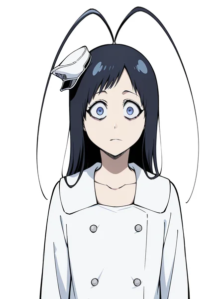 score_9, score_8_up, score_7_up,  
1boy, androgynous, giselle gewelle, blue eyes, black hair, long hiar, antenna hair,

mini hat,
military uniform, white dress, long sleeves, collarbone, short dress, double breasted, 

upper body, white background, wide-eyed, expressionless, bags under eyes, looking at viewer, 

