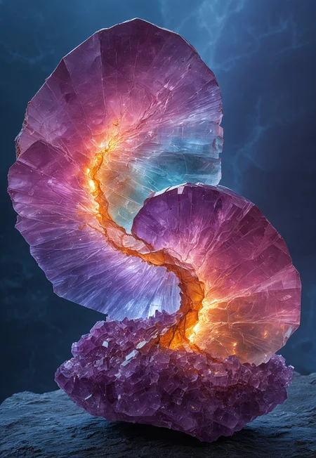 reiq-37400, fluorite mineral, flu0rite, iridiscent, dark_lilac_Kukerite_Alexandrite_crystal, glowing, darkness_swirling, pulsating_energy, fluorite mineral glittering, masterpiece, best quality, highly detailed, sharp focus, dynamic lighting, vivid colors, texture detail, particle effects, storytelling elements, narrative flair, 16k, UE5, HDR, subject-background isolation, highly aesthetic appeal