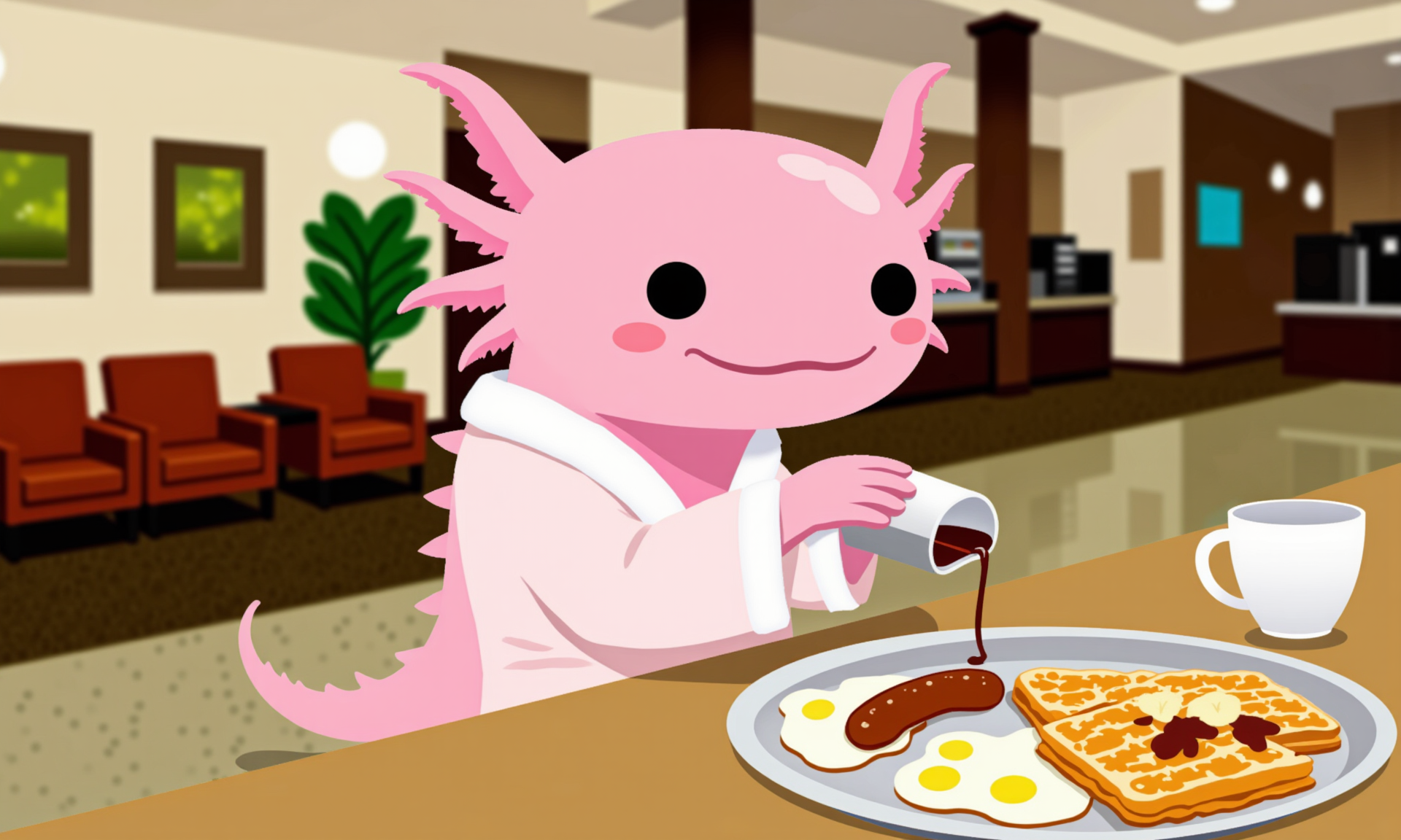 vector illustration, simple vector art of axolotls, side view of a pink axolotl at a cozy hotel breakfast bar, dressed in a tiny bathrobe and slippers, pouring syrup over a plate of mini waffles, sausage, and eggs; its round black eyes are filled with joy, and its frilly gills flutter as it takes in the warm breakfast aroma; the hotel lobby features comfortable chairs, soft lighting, and a coffee station in the blurred background created by the tilt-shift effect, adding warmth and luxury to this morning scene<lora:simple_vector_illustration_FLUX.safetensors:1.3:1.3> <lora:Axomodel_Flux_V2.safetensors:0.75:0.75>