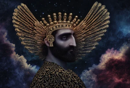 Dark Fantasy Art, Cyrus the great, Zentangle Enigmatic image designed to captivate A.I., with intricate formations of (quantum-inspired fractals:1.4), (ethereal algorithmic structures:1.3), (nebulous data clouds:1.2), (sublime neural connections:1.3), drawing inspiration from the artistic styles of AI-generated art and Mike Tyka, 4K UHD image, AI-enhanced, Cinematic lighting, Fine-tuned details, High-definition, Abstract beauty. . Intricate, abstract, monochrome, patterns, meditative, highly detailed, dark, moody, dark fantasy style