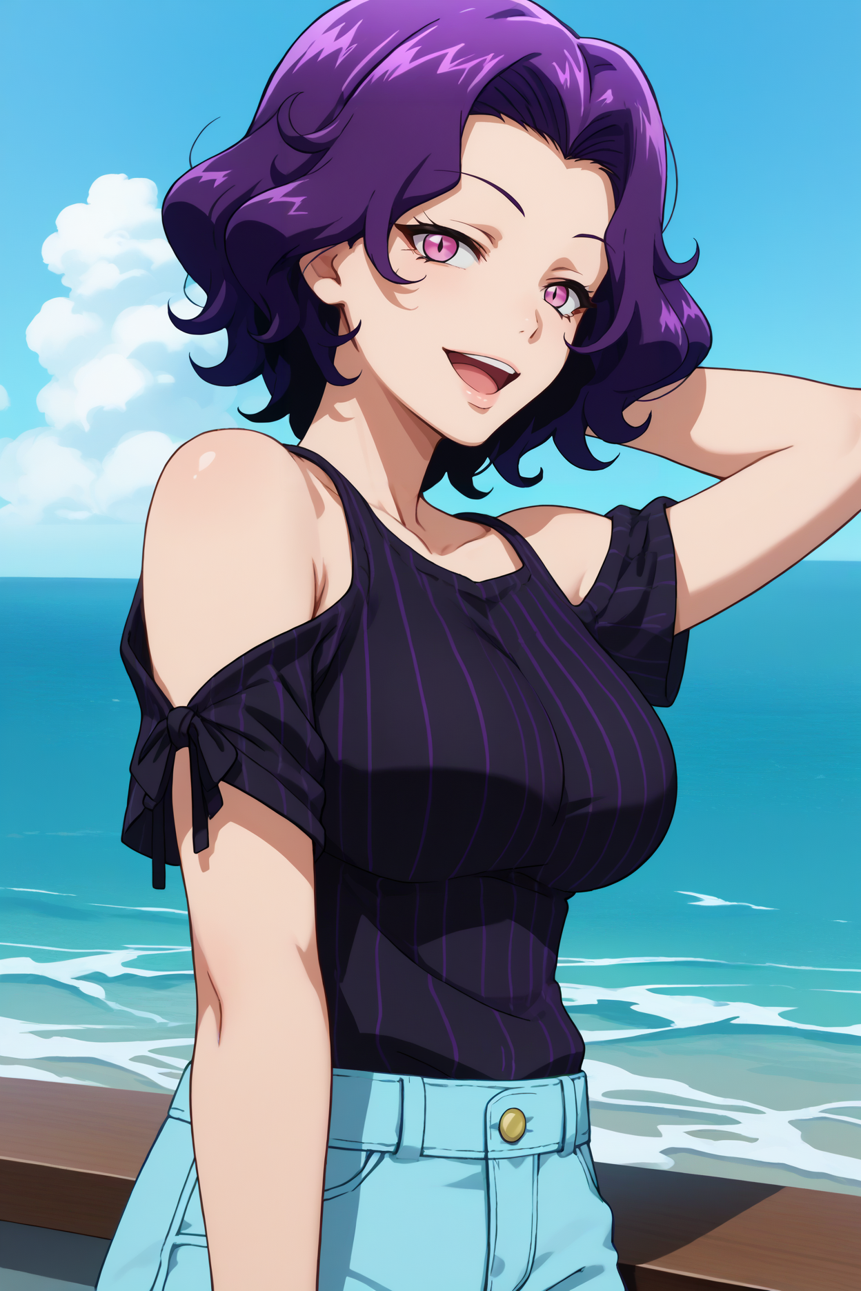 score_9, score_8_up, score_7_up, score_6_up, source_anime, 1girl, solo  <lora:hamaokaazusa-pdxl-nvwls-v1-000005:1> gbaz, purple hair, short hair, wavy hair, purple eyes, large breasts, black shirt, striped shirt, shoulder cutouts, bare shoulders, light blue shorts, upper body, looking at you, half-closed eyes, happy, blue sky, city, ocean, seaside, arm behind head, open mouth