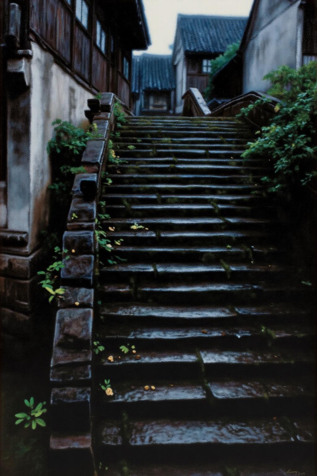 chenyifei2 painting.
An old stone staircase in a traditional village in Southern China. The staircase is made of weathered, moss-covered stones and ascends steeply from the bottom left to the middle right. Patches of moss and small plants grow in the cracks.
 <lora:chenyifei2_cap_d6a3:1.0><lora:839846787335415324:0>