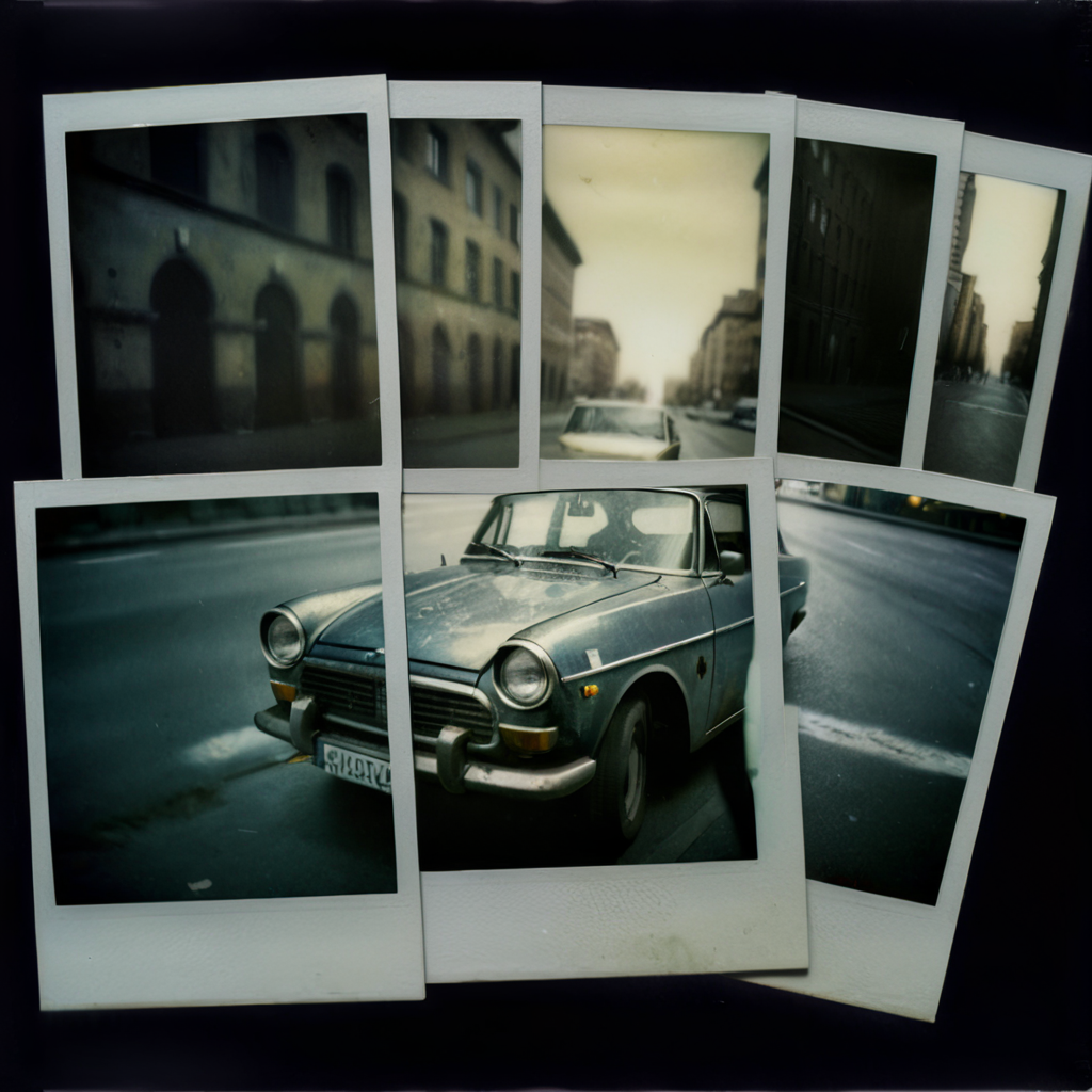 poluzzle old car in city, polaroid photos, cinematic, dark atmosphere <lora:poluzlle:1>