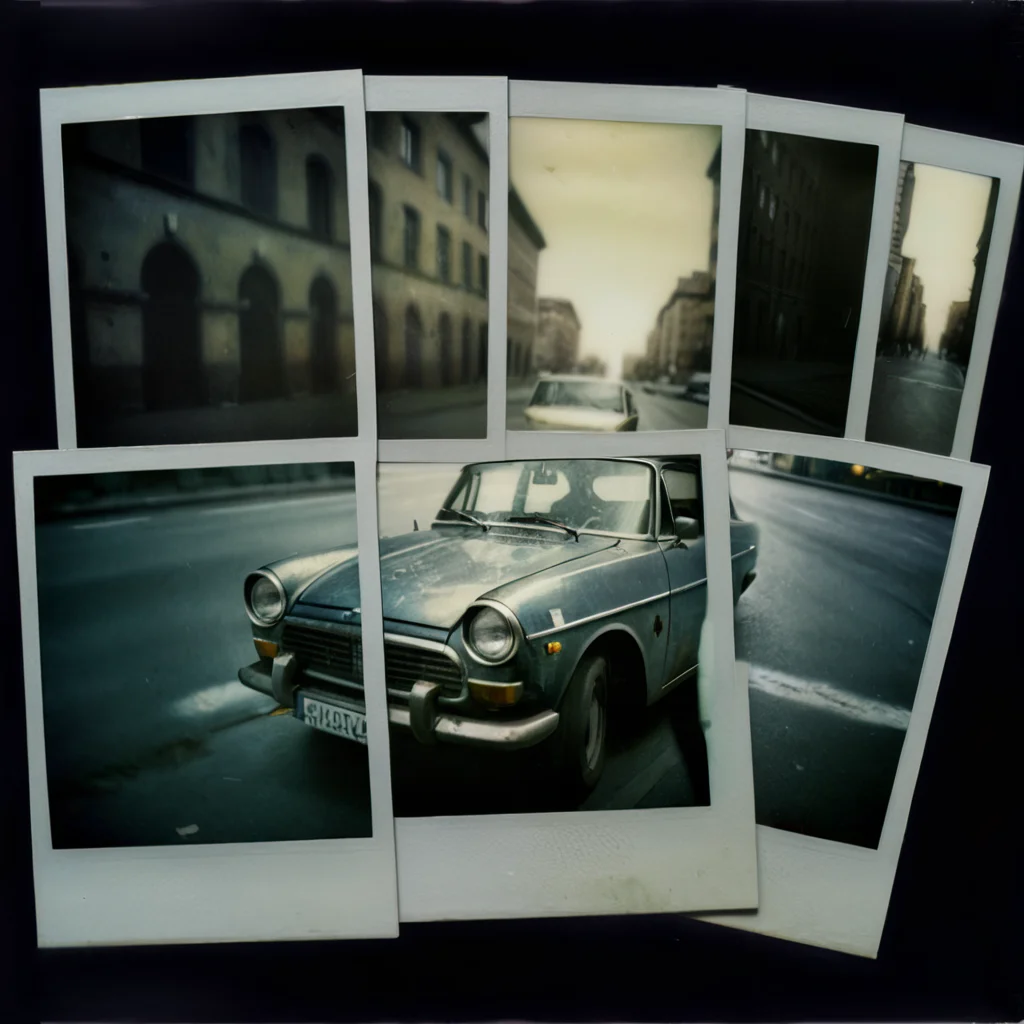 poluzzle old car in city, polaroid photos, cinematic, dark atmosphere <lora:poluzlle:1>