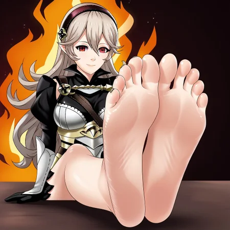 1girl corrin_(fire_emblem)_(female) fire_emblem_fates feet solo  red_eyes fire_emblem long_hair toes barefoot soles breasts hairband pointy_ears one_eye_closed smile sitting looking_at_viewer gloves foot_focus white_hair, big soles, close up,