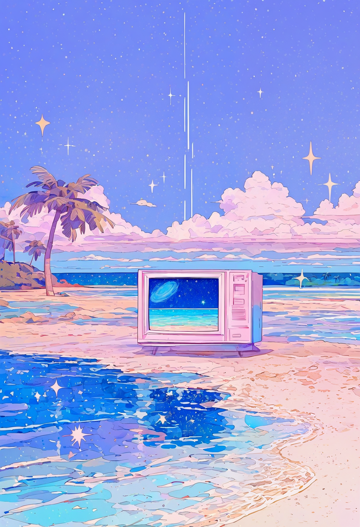 <lora:MF9fMTFYeA==-noobaiXLNAIXL_epsilonPred_V110_V1-CAME>, MF9f, television, palm tree, sky, tree, beach, ocean, horizon, cloud, outdoors, sand, star \(sky\), blue sky, island, crt, scenery, day, water, shore, starry sky, planet, space, sparkle, reflection, watching television