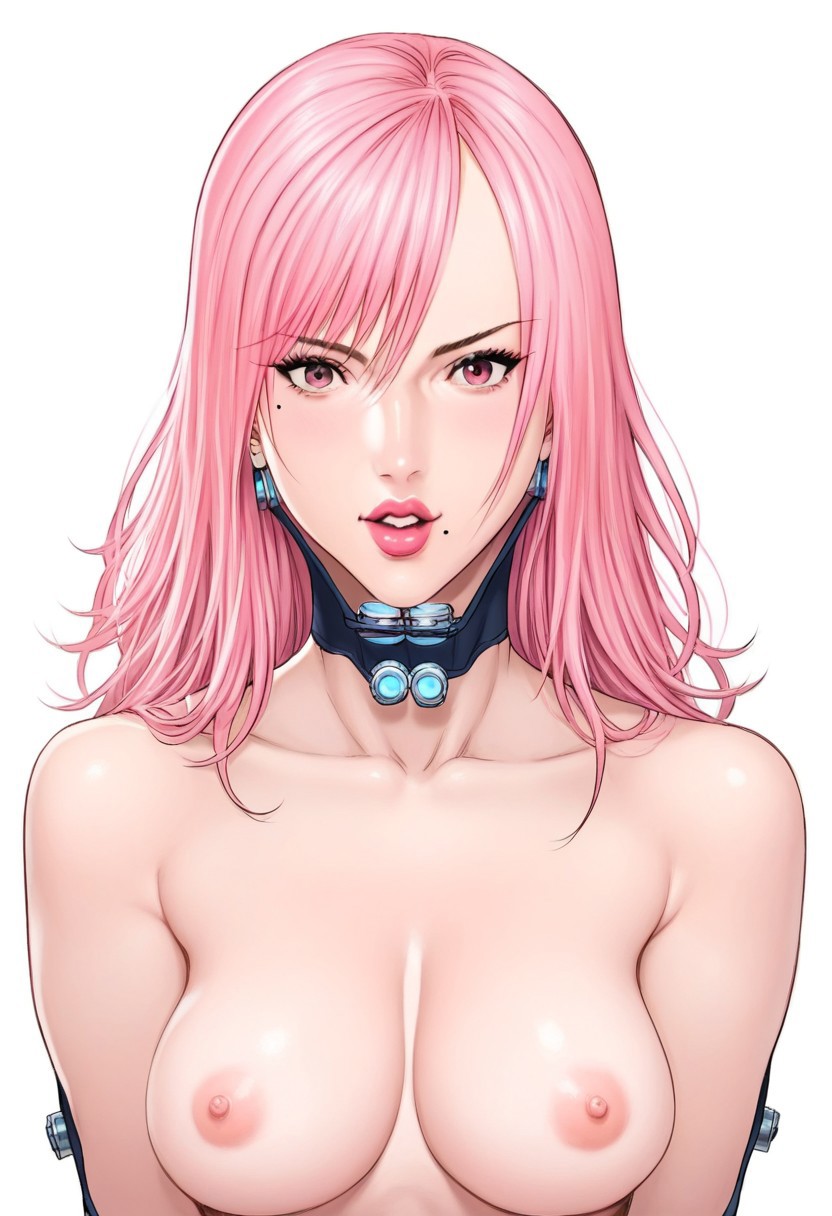 score_9, score_8_up, score_7_up, hiroya_oku_gantz_style, 1girl, pink hair, solo, choker, makeup, cross, cosmetics, mirror, lipstick, mole, simple background, white background