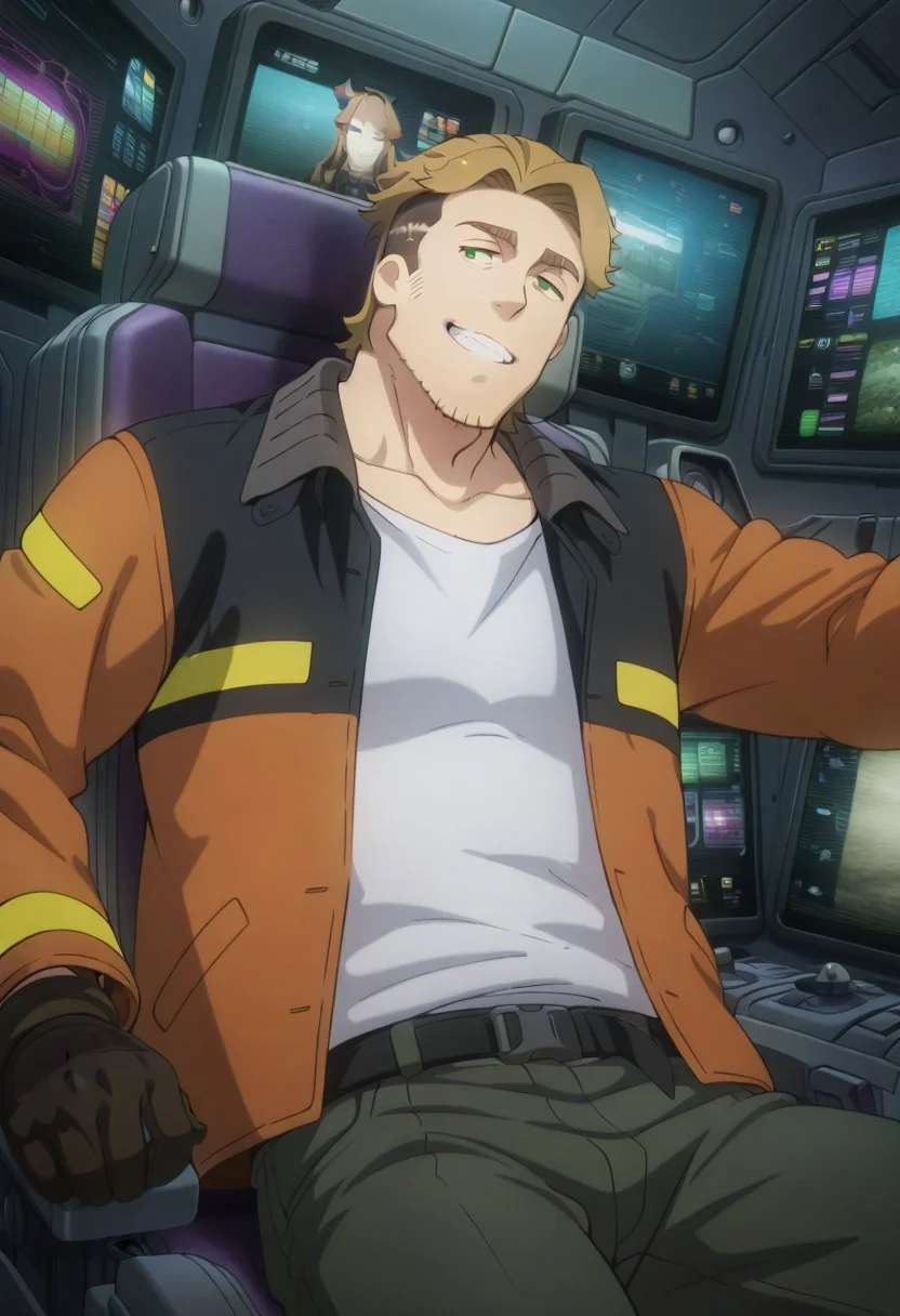 safe_pos, score_9, score_8_up, score_7_up, score_6_up, perfect anatomy, perfect proportions, best quality, masterpiece, high_resolution, high quality, best aesthetic, incredibly absurdres, highres, extremely detailed, huge filesize, solo male, adult, mature, masculine, manly, handsome, charming, alluring, upper body, dutch angle, cowboy shot, source_anime \(Sakugan\), anime coloring \(Sakugan\), Gagumber, SKGGagumber, brown hair, two-tone hair, sideburns, facial hair, stubble, green eyes, thick eyebrows, SKGGagumber_outfit01, white tank top, orange high-visibility bomber jacket, open jacket, black gloves, green work pants, sitting, mecha cockpit, operator's seat, mecha joystick, multiple monitor screen, science fiction, grin, confidence, sexy, seductive, photo backgound