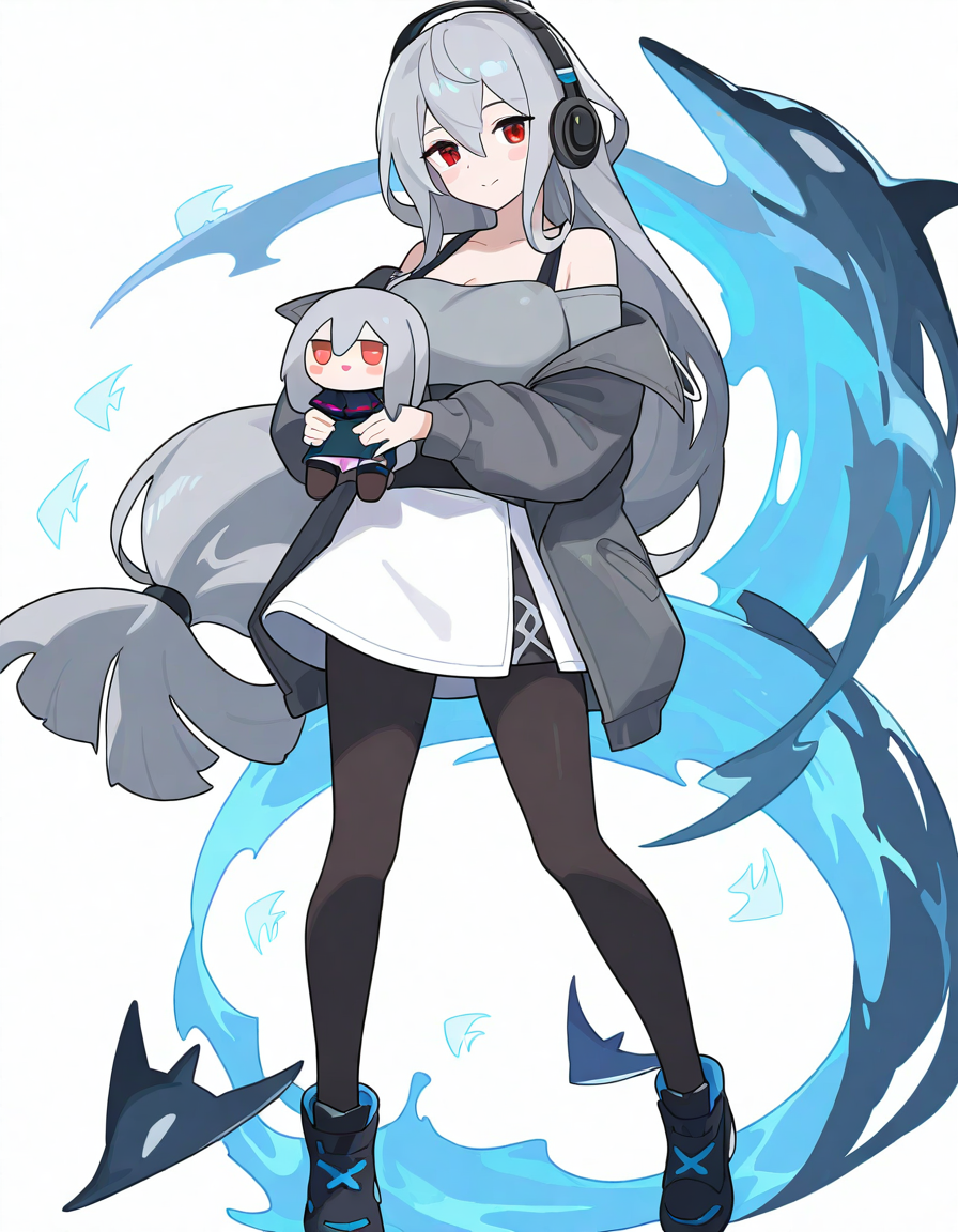 1girl, skadi \(arknights\), 
worldflipper, solo, looking at viewer, full body, shoes, pantyhose, white background, black pantyhose, jacket, blush, long hair, grey hair, breasts, standing, long sleeves, miniskirt, grey jacket, large breasts, simple background, red eyes, off shoulder, alternate costume, blush stickers, white skirt, character doll, skirt, smile, bare shoulders, shirt, very long hair, alternate hairstyle, closed mouth, holding, headphones, off-shoulder shirt, black footwear,
masterpiece, best quality, very aesthetic, newest, absurdres, incredibly absurdres
 <lora:worldflipper-000016:1.1>