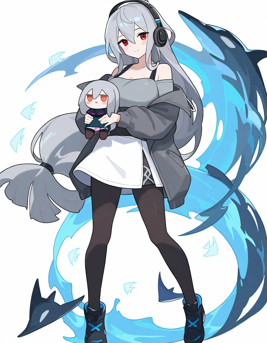 1girl, skadi \(arknights\),
worldflipper, solo, looking at viewer, full body, shoes, pantyhose, white background, black pantyhose, jacket, blush, long hair, grey hair, breasts, standing, long sleeves, miniskirt, grey jacket, large breasts, simple background, red eyes, off shoulder, alternate costume, blush stickers, white skirt, character doll, skirt, smile, bare shoulders, shirt, very long hair, alternate hairstyle, closed mouth, holding, headphones, off-shoulder shirt, black footwear,
masterpiece, best quality, very aesthetic, newest, absurdres, incredibly absurdres
<lora:worldflipper-000016:1.1>