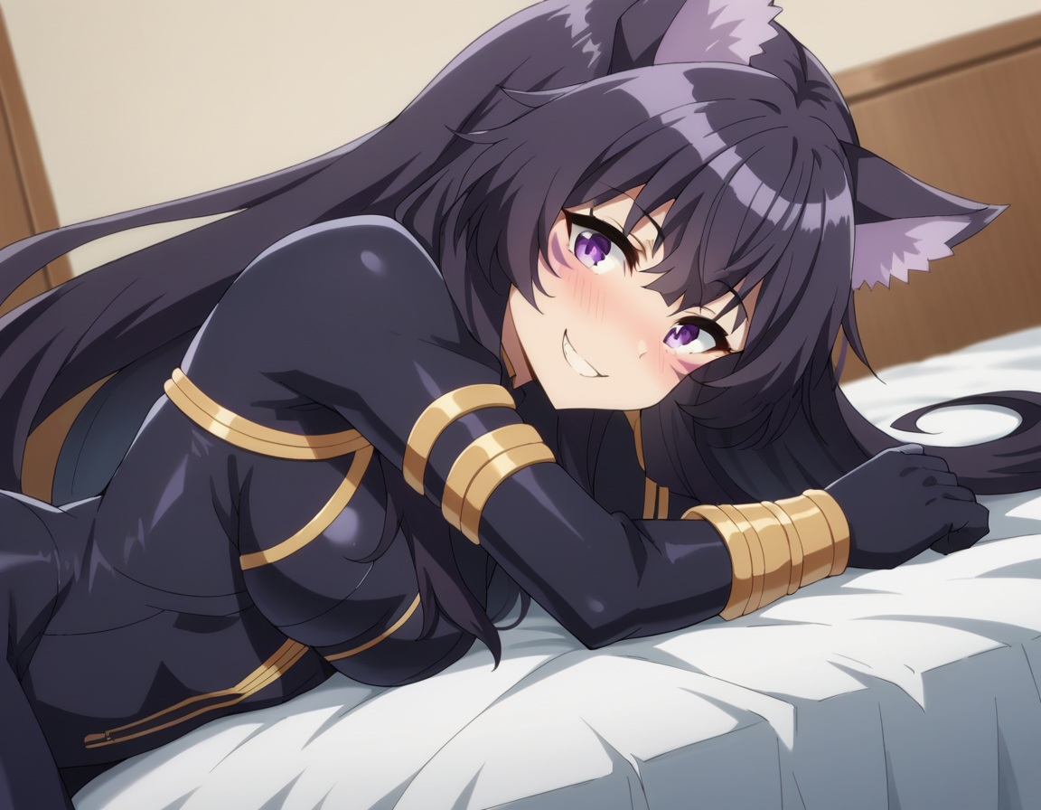 score_9, score_8_up, score_7_up, source_anime,
shadowdelta, <lora:shadow-delta-ponyxl-lora-nochekaiser:1>,
delta, long hair, black hair, animal ears, purple eyes, cat ears, animal ear fluff, facial mark, smile,
bodysuit, black bodysuit,
indoors, bed, bed room, on side, blush, drunk,
looking at viewer, cowboy shot, dutch angle,
