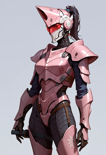 score_9, score_8_up, score_7_up, score_6_up, score_5_up, score_4_up, mature female, skinny, tall slim robot, armor, helmet, holding weapon, pink color armor, ponytail,
<lora:ArmorPunkV3-000002:1>, arm0rpunk