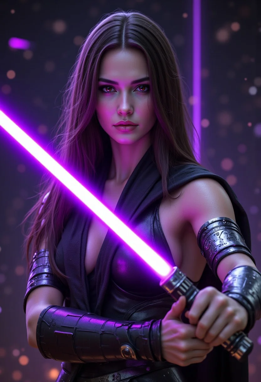 realistic, PHOTOREALISTIC, ((perfect anatomy)), (futuristic warrior with purple lightsaber:1.3), ((sexy dynamic pose:1.3)), 25 years old, perfect quality, high quality, wielding a purple lightsaber, (sci-fi, star wars, jedi knight), Jaina solo, big brown eyes, dark brown hair, long straight intricate hair, athletic female, ((fitness models, muscle detail, detailed muscle)), long athletic muscular legs, athletic round muscular butt, athletic hips, perfect breasts, perfect body, epic, long hair, intricate hairstyle, cute, cropped body, soft skin, soft skin, textured skin ,shining glossy skin, soft abs, athletic waist, (slender body), dynamic angle, dynamic, dynamic shot, sci-fi, futuristic, ((intricate transparent flowing sheer jedi robes showing sexy body underneath:1.2, armor parts on body:1.2, marble armor:1.2, greave, boots)), glowing runic tattoos on body:1.3, Expressiveh, (volumetric lighting:1.2), cinematic, cinematic lighting, reflections, ultra hd, visual effects, graphic effects, ambient occlusion, raytracing, soft lighting, realistic, blum effect, masterpiece, absolutely eye-catching, particles, glow, shining, intricate cinematic background, (beautiful cute face), relaxing, undressing by fire pit after battle, close up, glad the viewer is safe, aidmaMJ6.1, aidmaimageupgrader, aidmaHyperrealism, aidmafluxpro1.1, Perfect hand, Detailed hand