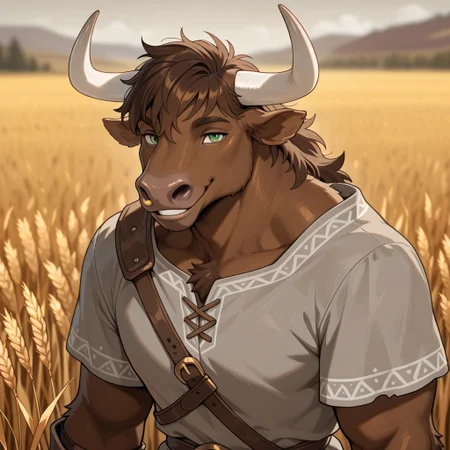 masterpiece, best quality, amazing quality, very aesthetic, solo, upper body,
minotaur, furry,
1boy, male focus, green eyes, brown skin, dark brown hair, white horns, gray tunic,
(looking at viewer:1.2), smiling,
wheat field, fantasy background, blurred background,