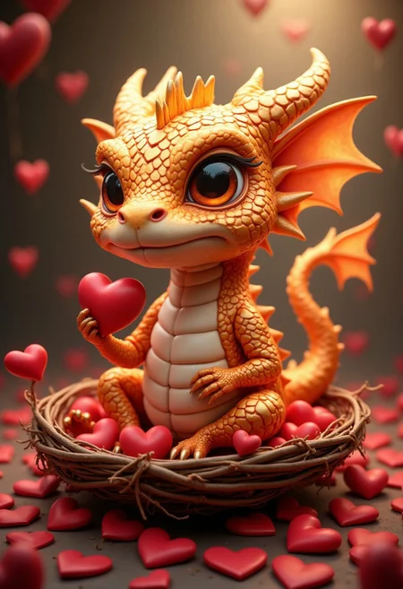 Very cute little dragon, extremely detailed golden scales, cute eyes, warm colors, volumetric lighting, god rays, Saint Valentine theme, sitting in a nest made of hearts, holding one heart, reaching out to the viewer, photorealistic, bokeh in the background, cute, amazing, masterpiece