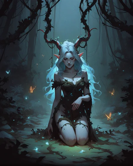 score_9, score_8_up, score_7_up, score_6_up, Strange grey skin woman entangled in vines, kneeling, long hair, fur, pointed ears, horns, 1girl, wooden, grey lips, dense forest, fireflies, particles, vines, vignette, texture, leaves, bush, soft blue glow, low key lighting, night, dark, shadowed, dense atmosphere, moody, (flat chest:0.6), <lora:Concept Art Twilight Style SDXL_LoRA_Pony Diffusion V6 XL:0.8> <lora:pale_demon:.85>