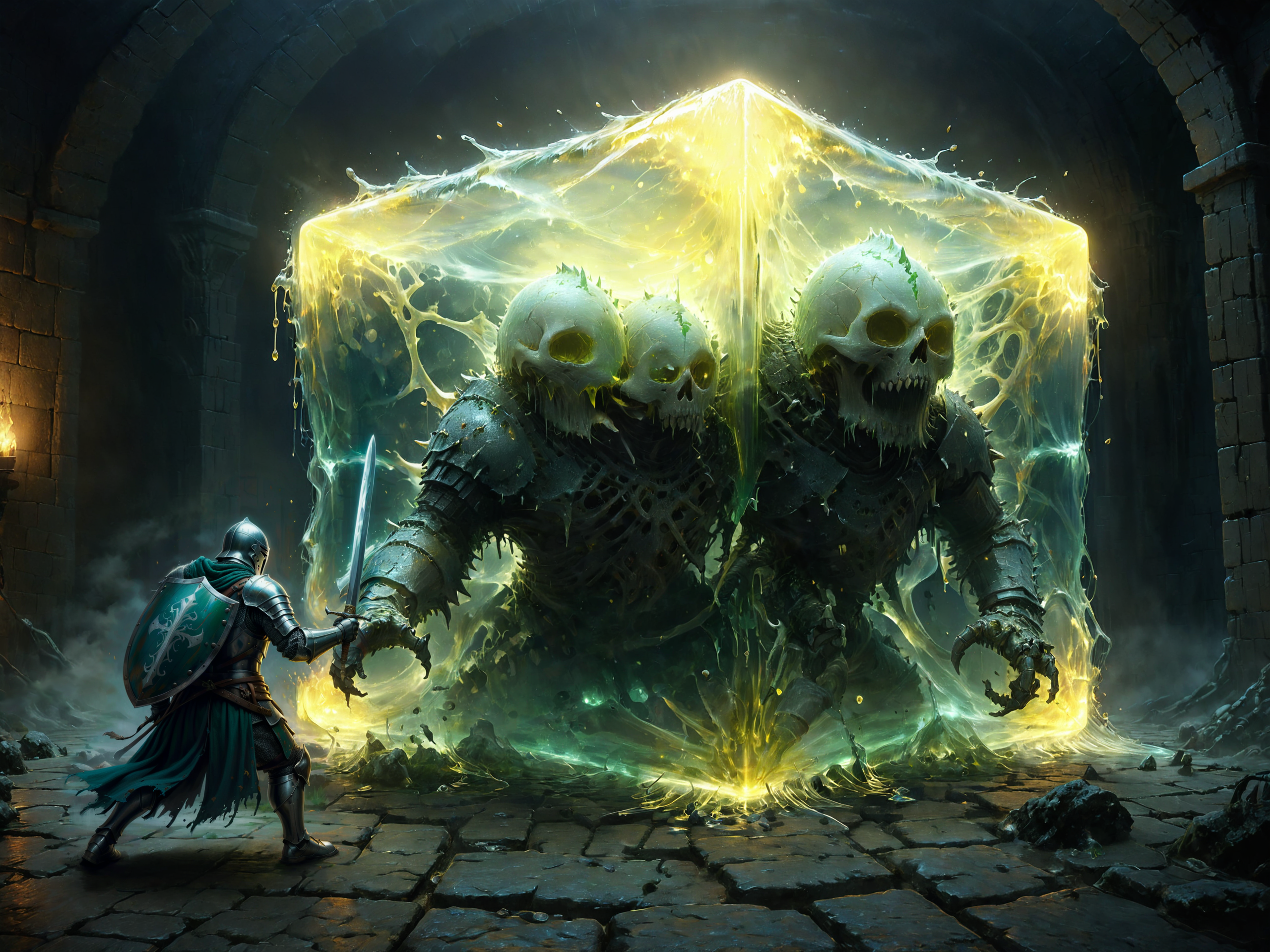 <lora:add-detail-xl:1.0> <lora:more_artful-xl:0.6> <lora:gelatinous_cube-xl-by_squeej:0.8> <lora:boss_battle-xl-by_hailoknight:0.8> <lora:style-matte_black_contrast-xl-v3-by_tijuanaslumlord:1.0> <lora:envybetterhiresfixxl01-xl:0.0:hr=1.0> vntblk, bosstyle, (knight:0.8) fighting a (huge glowing gelatinouscube:1.2), size difference, dungeon background, bones scattered on the floor, translucent, subsurface scattering, creeping fog, dark, ultra detailed