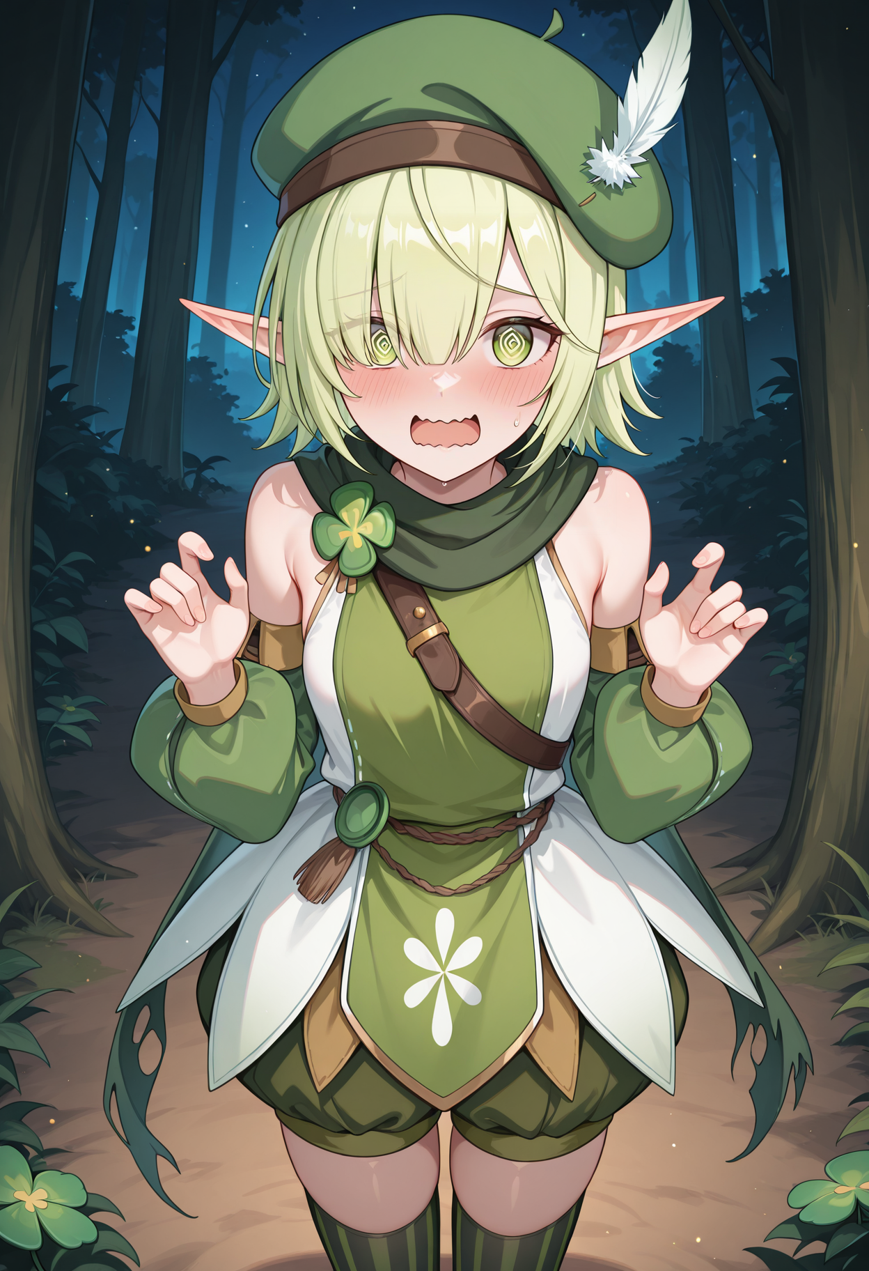 highres, best quality, masterpiece, forest, night,
1girl, pcraoi, short hair, elf, light green hair, pointy ears, green eyes, hair over one eye,
pcaodef, hat feather, white feather, green headwear, beret, green scarf, torn scarf, clover, two-tone shirt, green tabard, white shirt, sleeveless shirt, bare shoulders, detached sleeves, green sleeves, green shorts, puffy shorts, vertical-striped thighhighs, shoulder belt,
looking at viewer, blush, @_@, wavy mouth, open mouth, white pupils,
standing, hands up,
<lora:_aoi_pcr-elesico-ilxlG:1>