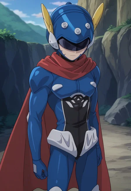 score_9, score_7_up, source_anime
miwahiro,1boy, male focus, solo, helmet, blue headwear, armor, bodysuit, blue bodysuit, cape, red cape,
outdoor,