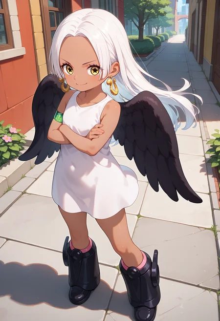 best quality, masterpiece, aass, long hair, white hair, dark-skinned female, earrings, yellow eyes, star-shaped pupils, black wings, white dress, sleeveless, armlet, knee boots, black footwear, <lora:s-snake_ilxl_v1:0.9>, outdoors, smile, crossed arms, full body, standing,