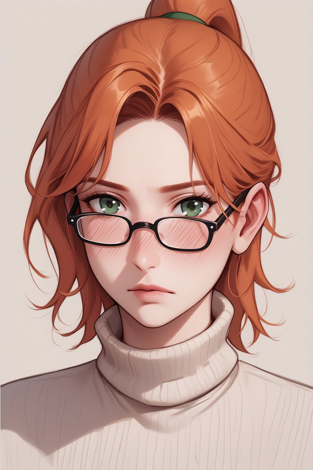score_9, score_8_up, score_7_up BREAK 1girl, solo, <lora:NSRobinStardew:1> NSRobinStardew, ginger hair, ponytail, medium hair, green eyes,  ponytail, glasses, portrait, looking at the viewer, turtleneck, heavy blush, pale skin, heavy blush