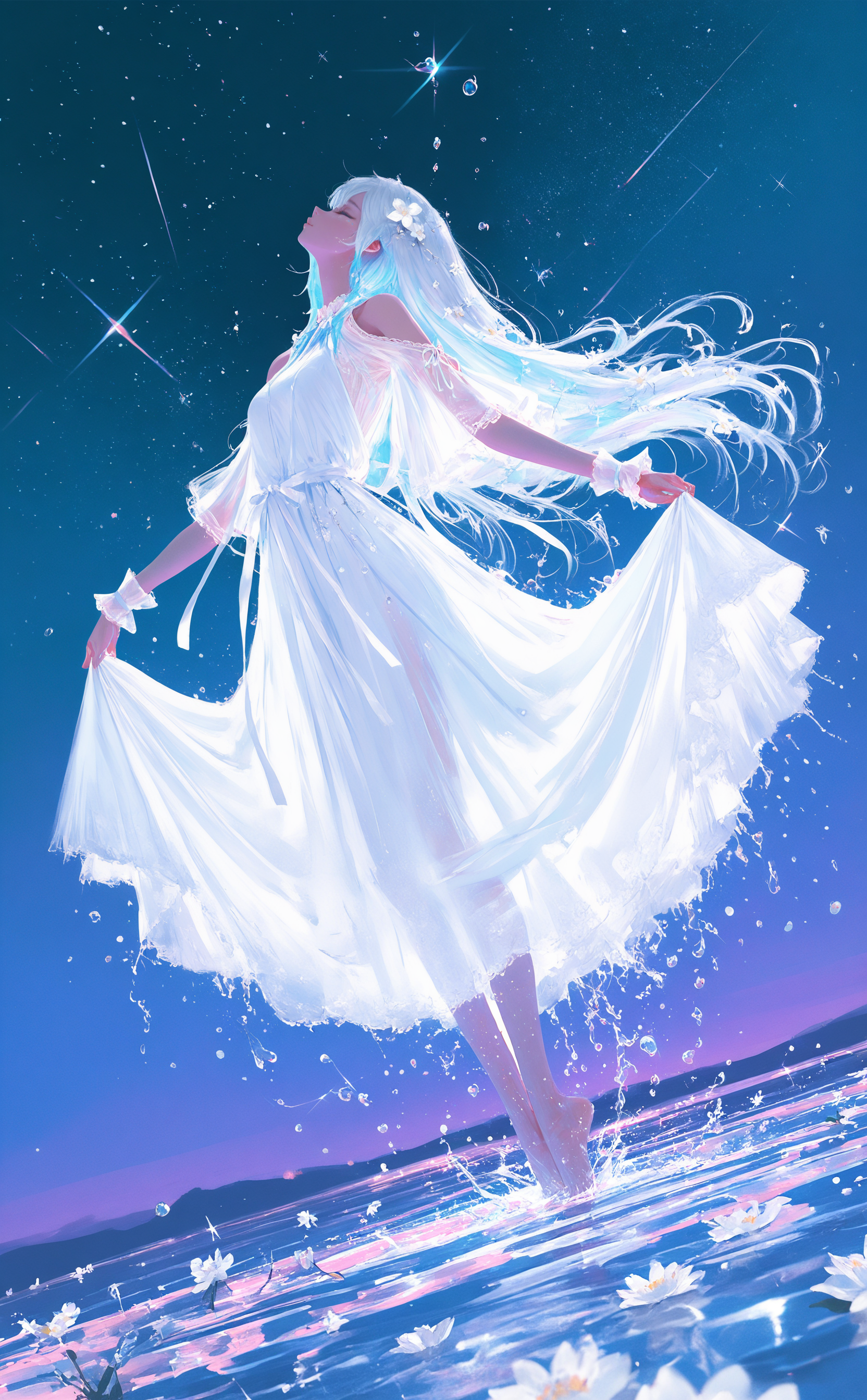 masterpiece, best quality, amazing quality, 1girl, solo, long hair, hair ornament, dress, ribbon, bare shoulders, very long hair, standing, blue hair, full body, closed eyes, white hair, flower, multicolored hair, sky, sleeveless, barefoot, hair flower, white dress, water, see-through, wrist cuffs, clothing cutout, sleeveless dress, sparkle, dutch angle, profile, floating hair, night, white flower, outstretched arms, star \(sky\), night sky, starry sky, water drop, skirt hold, spread arms, shoulder cutout, tiptoes, splashing, diffraction spikes, standing on liquid, facing up
wlop, nhl-001, limited palette, realistic <lora:noobai_ep11_stabilizer_v0.138_fp16:0.3> <lora:NOOB_vp1_detailer_by_volnovik_v1:0.3> <lora:nhl-002-nai:0.7> <lora:nhl-001-20:0.8> <lora:XXX667:0.6>