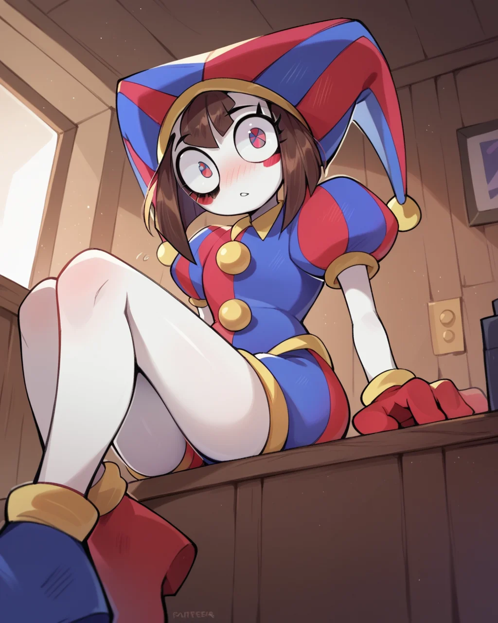 score_9, score_8_up, 1girl, solo, Pomni, brown hair, colored skin, white skin, blush stickers, jester cap, puffy short sleeves, gloves, looking at viewer, sitting, from below, zPDXL3, indoors, <lora:Pomni_PDXL:1>