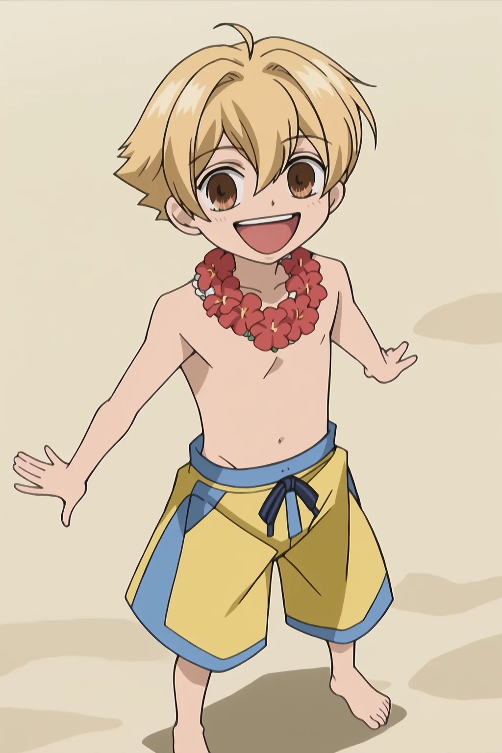 score_9, score_8_up, score_7_up, source_anime, official anime artwork, screencap, anime screencap, masterpiece, detailed face,
on a beach,
<lora:Mitsukuni_Haninozuka_Honey:1>Honey (character), 1boy, solo, blonde hair, short hair, hair between eyes, ahoge, brown eyes, Honey blue and yellow swimsuit outfit, swim trunks, male swimswear, shorts, barefoot, topless male, flower necklace, hibiscus
cowboy shot, mouth open, big smile, looking at the viewer, teeth on top row only, happy boy
