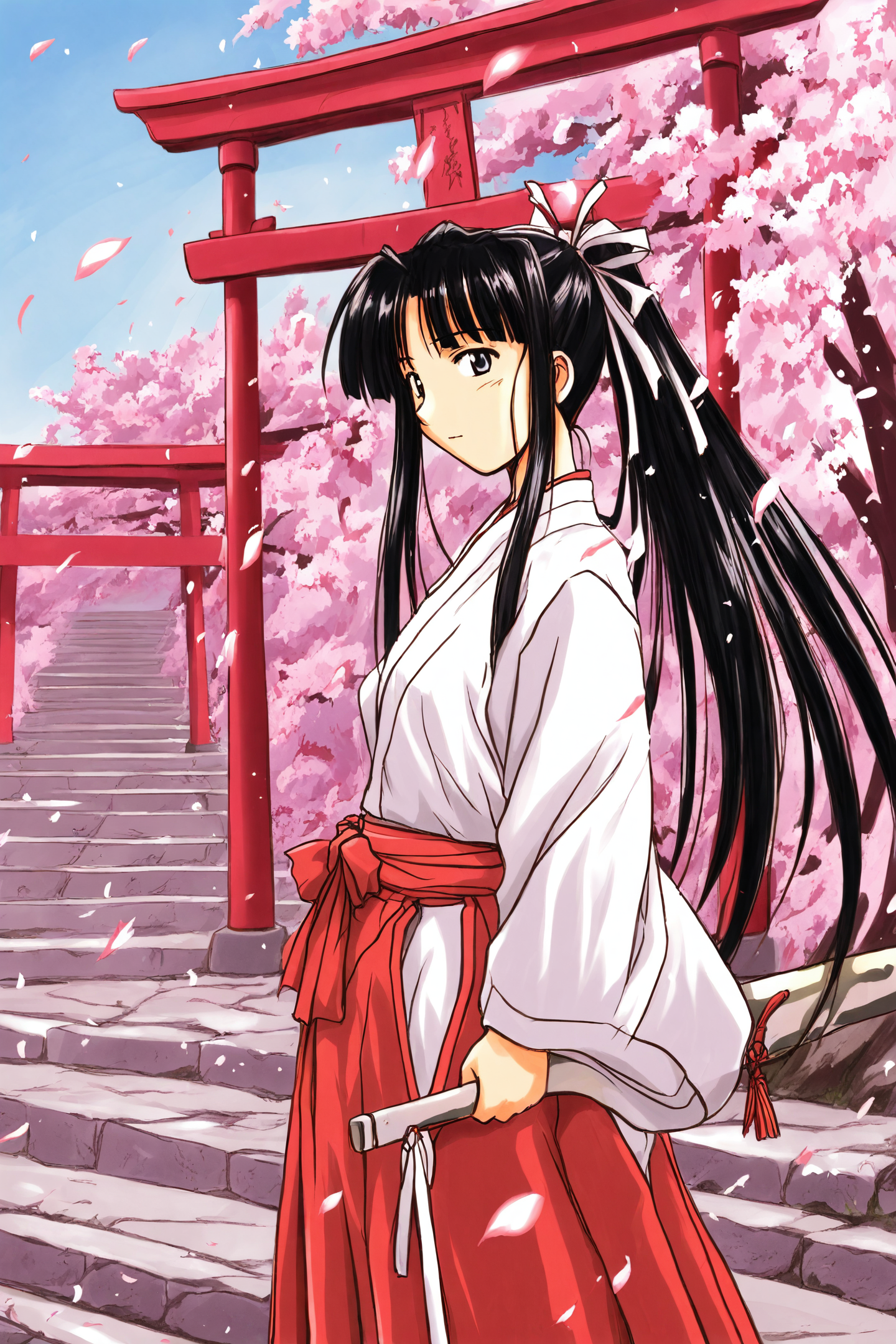 Motoko Aoyama,1girl,solo,weapon,holding sword,long hair,long sleeves,black hair,japanese clothes,cherry blossoms,miko,standing,hakama,red hakama,skirt,torii,looking at viewer,ponytail,hair ribbon,
<lora:Akamatsu Ken_XL:0.8>,