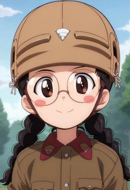score_9,score_8_up,score_7_up,score_6_up, rating safe, petite female, source anime, anime screenshot, anime screencap, 1girl, solo, Fukuda, military Helmet, Military uniform, twin braids, glasses, round glasses, blush stickers, black hair, military salute, front view, looking at viewer, smile, outdoors, military base