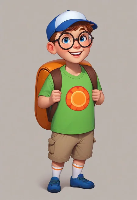 score_9, score_8_up, score_7_up, mercasg, BREAK 1boy, little boy, solo, fat, smile, joyful, scout, without one tooth, teeth, short brown hair, blue eyes, round black-rimmed glasses, (yellow handkerchief fastened with a bead around his neck:1), green backpack, ((red T-shirt with an orange pattern:1.5)), brown shorts, brown strap with a gray buckle, light brown socks with thin stripes, blue shoes, blue and white cap, badge hanging on the strap of a backpack, BREAK ((hands holding the straps of backpack)), standing, full body, full body shot, looking at viewer, semi-sideways, half-sideways, BREAK simple background, white background