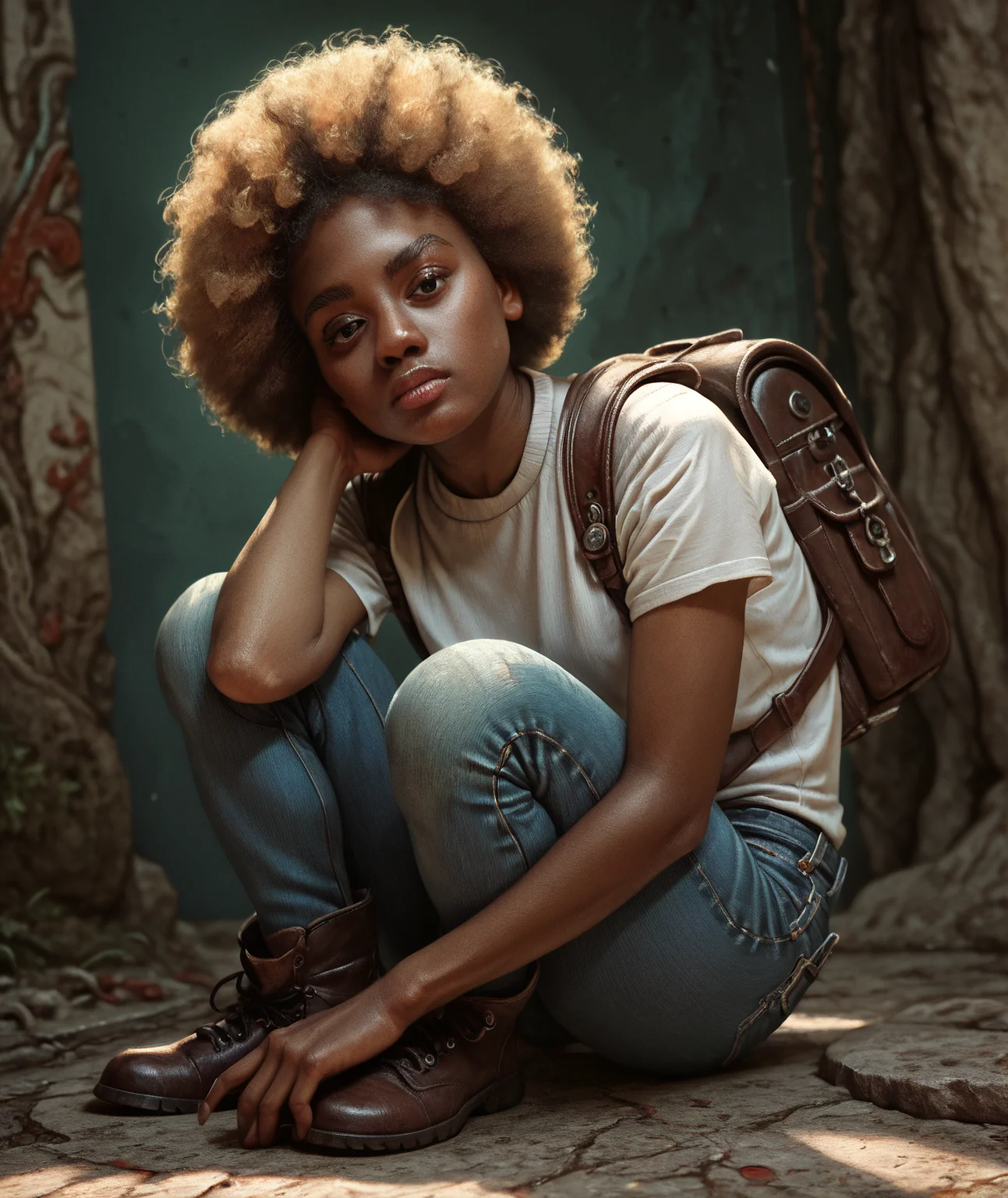 score_9, score_8_up, score_7_up, score_6_up, score_5_up, score_4_up, a highly detailed painting of a black woman, 1 woman, black woman, dark skin, college student, large round afro, blonde hair, hair focus, backpack, on campus, boots, jean shorts, tshirt<lora:detailed_notrigger> <loar:Pony_DetailV1.0> <lora:Black_Woman_v3_e6> <lora:PONYLargeRoundAfro>