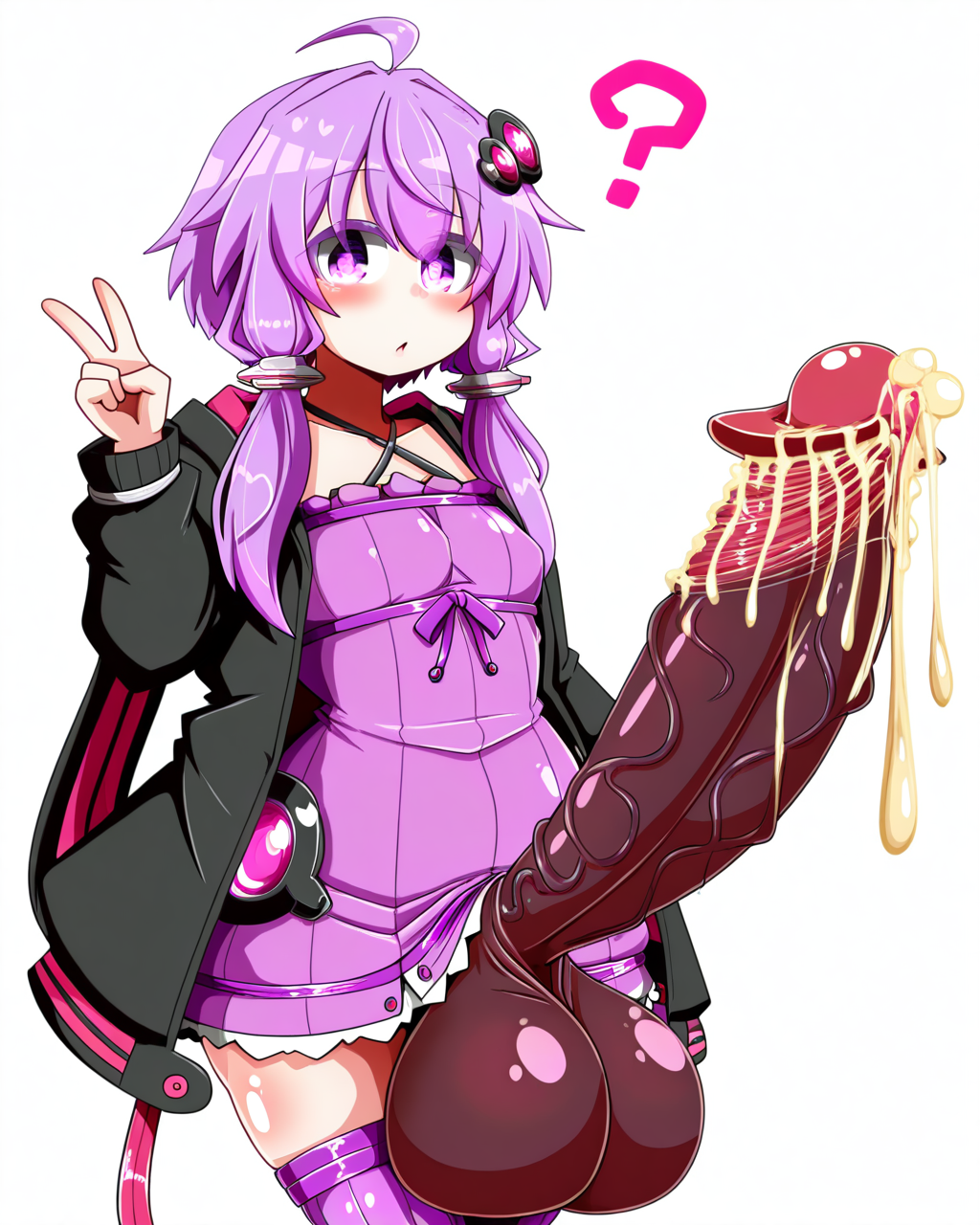 1girl, solo, yuzuki yukari,hair ornament,purple hair,short hair with long locks,sidelocks,purple eyes, black jacket, purple dress,criss-cross halter, ?, v, rindou \(p41neko\), eroki \(yuuki\), futanari, huge penis, very long penis, veiny penis, evil penis, dark penis, smegma, smegma on penis, steam, smell, steaming body, looking at viewer, cowboy shot, simple background, white background, masterpiece, best quality, very aesthetic, absurdres