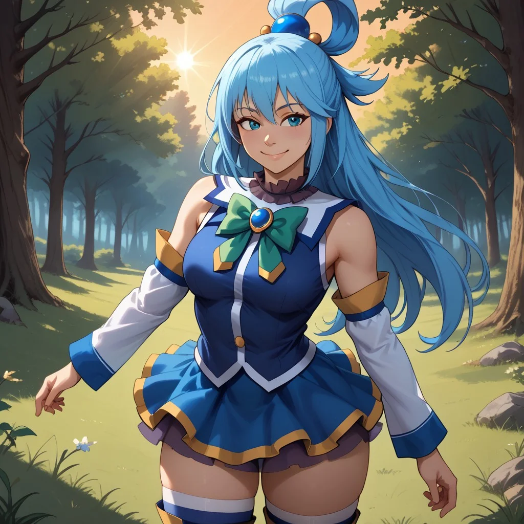 score_9, score_8, BREAK, solo, girl,aqua (konosuba), kono subarashii sekai ni shukufuku wo!,blue hair,long hair,hair rings,single hair rings,blue shirt,blue skirt,hair ornament,bare shoulder,green bow,detached sleeves, thighhighs,thigh boots, sexy pose, self portrait, smile, outdoors, sunlight, shadows, evening lighting, natural lighting, forest, trees, grass, orange sky, sunset