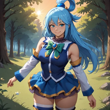 score_9, score_8, BREAK, solo, girl,aqua (konosuba), kono subarashii sekai ni shukufuku wo!,blue hair,long hair,hair rings,single hair rings,blue shirt,blue skirt,hair ornament,bare shoulder,green bow,detached sleeves, thighhighs,thigh boots, sexy pose, self portrait, smile, outdoors, sunlight, shadows, evening lighting, natural lighting, forest, trees, grass, orange sky, sunset