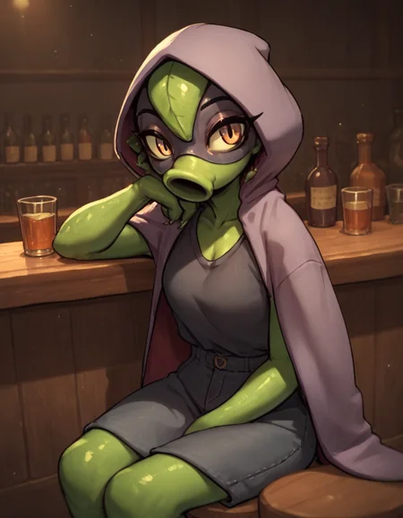 score_9, score_8_up, score_7_up, score_6_up, score_5_up, score_4_up, source_anime, green_shadow, monster girl, sitting, bar, head rest