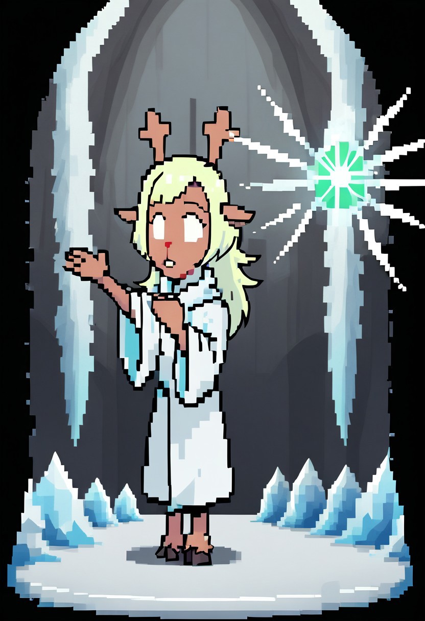 Solo,green eyes,deer ears, long hair,( noelle_darkworld), empty eyes, 1girl, full body, white robe, buck teeth, arms outstretched, frost cave, blizzard, blowing wind, ice crystals