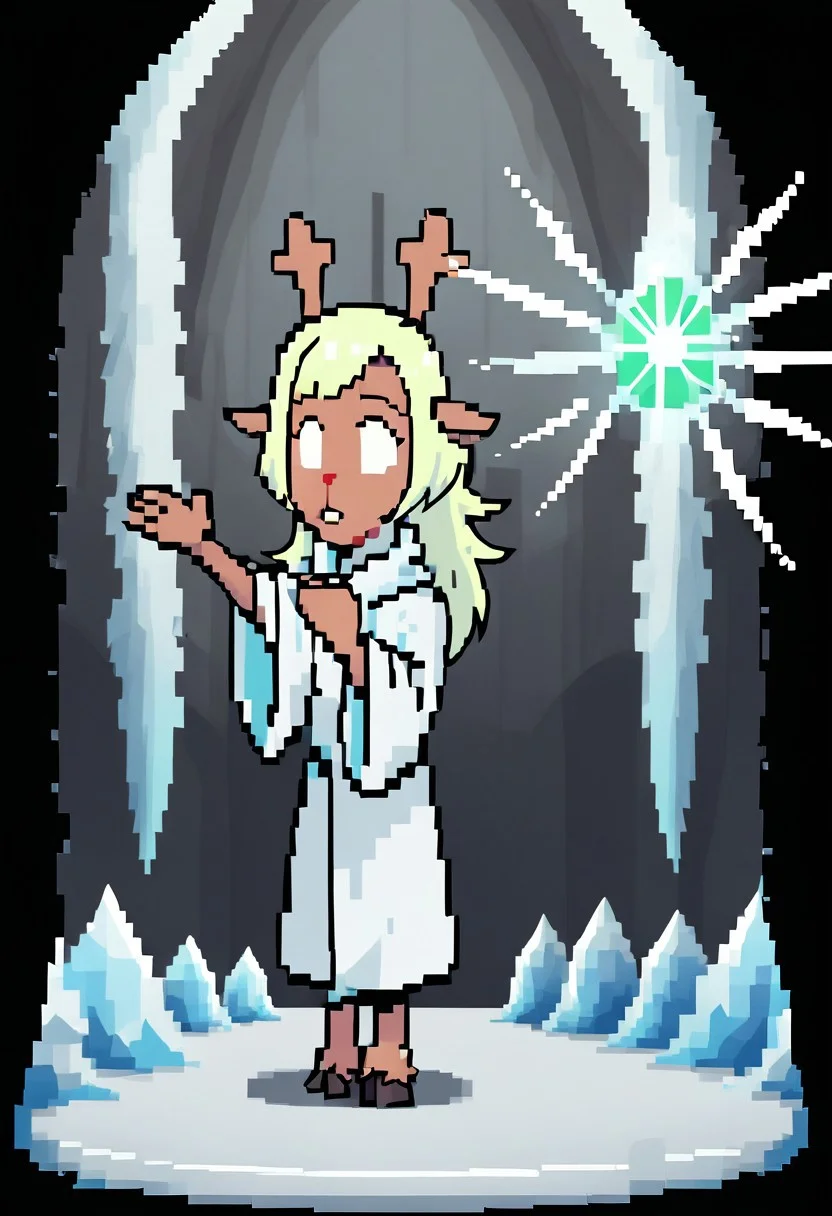 Solo,green eyes,deer ears, long hair,( noelle_darkworld), empty eyes, 1girl, full body, white robe, buck teeth, arms outstretched, frost cave, blizzard, blowing wind, ice crystals
