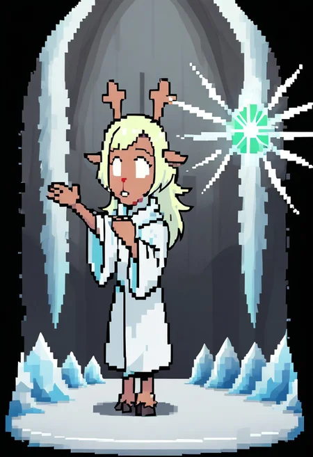 Solo,green eyes,deer ears, long hair,( noelle_darkworld), empty eyes, 1girl, full body, white robe, buck teeth, arms outstretched, frost cave, blizzard, blowing wind, ice crystals