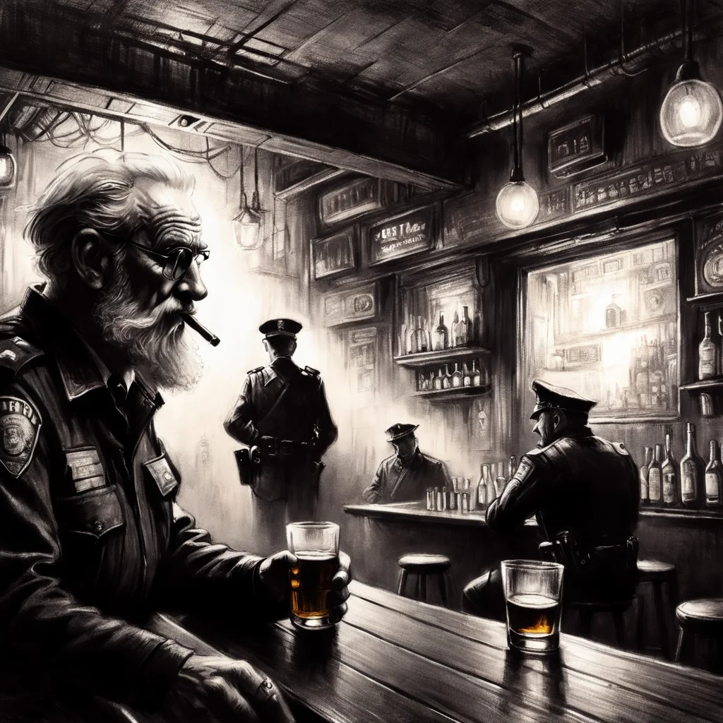 <lora:Charcoal1.0:1>, Inside of a cyberpunk bar, old man drinking a whisky, talking to a policeman, Charcoal Drawing,