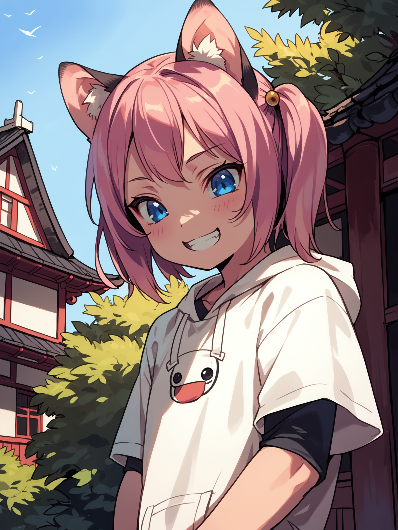 (solo focus, :1.2) <lora:happy_tentacle-necomimi-v0.1-000028:1>, ht_necomimi, pink hair, blue eyes, animal ears, (petite:1.2), ( :1.1) ( , , ( :1.2) , crazy smile , (looking down:1.2) :1) , outdoors, vegetation, ( :1.1), , (dawn :0.6), , (:0.5), , (east asian architecture :0.8) ( :0.8) score_9, score_8_up, score_7_up, score_6_up, score_5_up, score_4_up, ( [(realistic, photorealistic:1.3):(realistic:1.3):14] [(3d:1.2)::12] :1) <lora:LUUNA's Lunas-NijiJourney-SDXL-B2:0.3>, nijijourney <lora:prgfrg23's Counterfeit-V3.0 Style SDXL_LoRA_Pony Diffusion V6 XL:0.3> <lora:mfcg's mfcgXL:0.12> <lora:reweik's gyokai(himehajime)_PonyXL_style_v01:0.14>